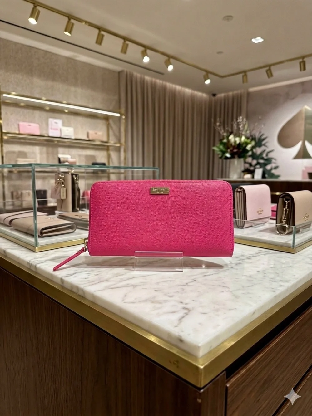 kate spade Hot Pink Zip-Around Saffiano Wallet with Gold Logo